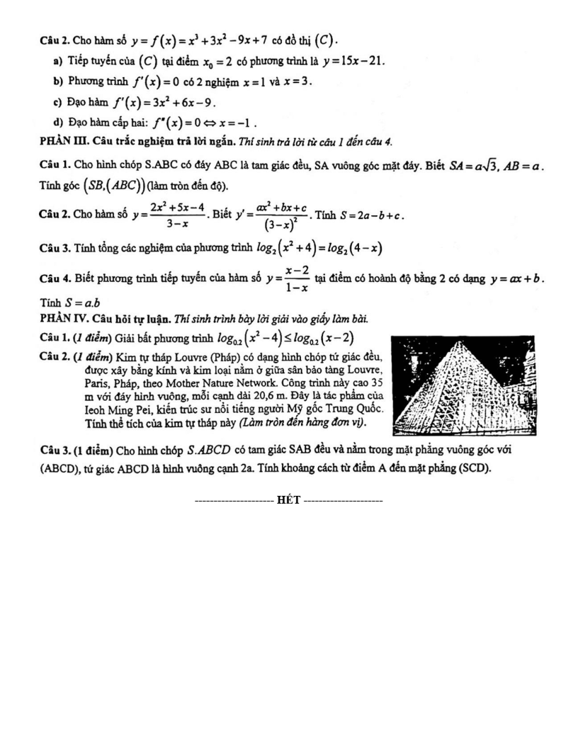 Đề thi Học kì 2 Toán 11 trường THPT Phan Đăng Lưu (Tp.HCM) năm 2024-2025