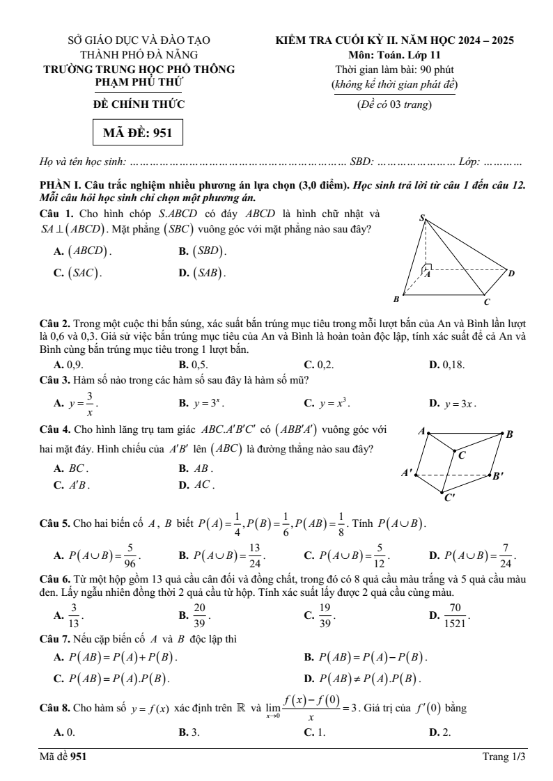 Đề thi Học kì 2 Toán 11 trường THPT Phạm Phú Thứ (Đà Nẵng) năm 2024-2025