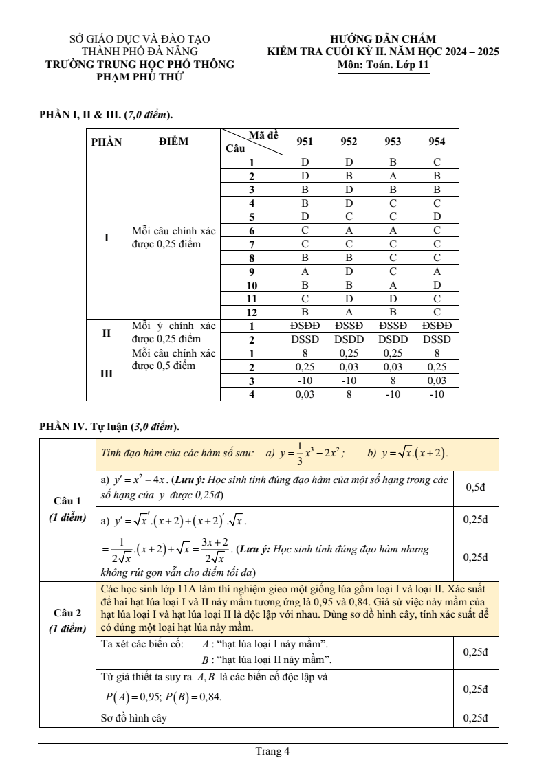 Đề thi Học kì 2 Toán 11 trường THPT Phạm Phú Thứ (Đà Nẵng) năm 2024-2025