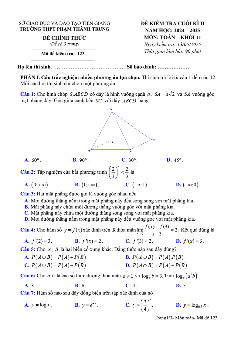 Đề thi Học kì 2 Toán 11 trường THPT Phạm Thành Trung (Tiền Giang) năm 2024-2025