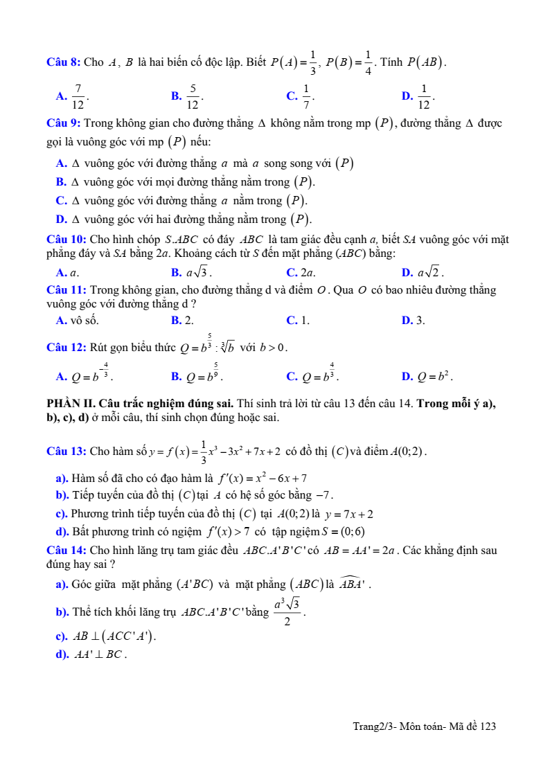 Đề thi Học kì 2 Toán 11 trường THPT Phạm Thành Trung (Tiền Giang) năm 2024-2025