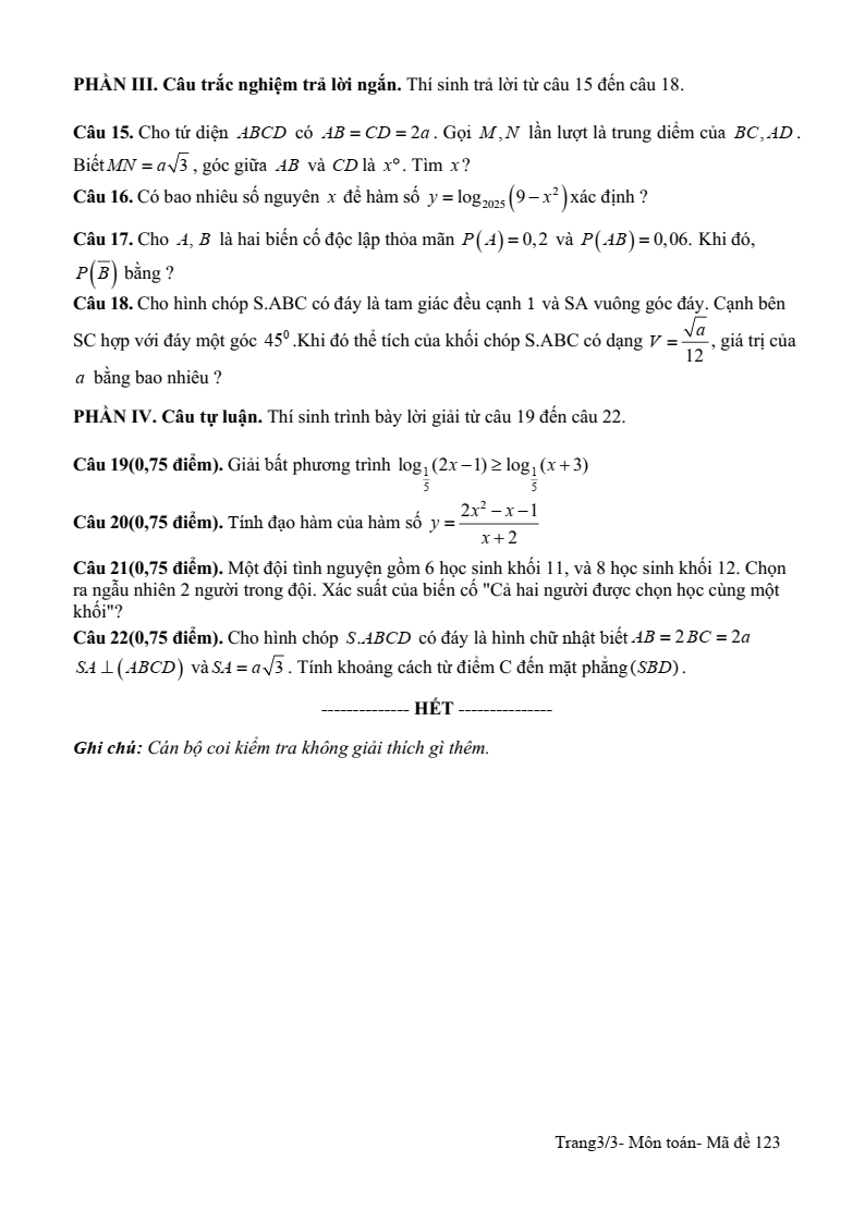 Đề thi Học kì 2 Toán 11 trường THPT Phạm Thành Trung (Tiền Giang) năm 2024-2025
