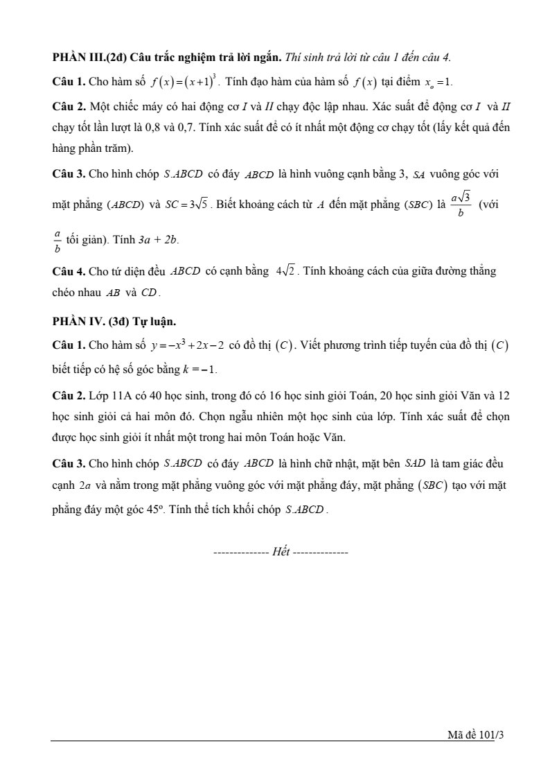 Đề thi Học kì 2 Toán 11 trường THPT Quế Sơn (Quảng Nam) năm 2024-2025