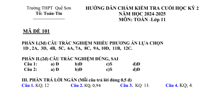 Đề thi Học kì 2 Toán 11 trường THPT Quế Sơn (Quảng Nam) năm 2024-2025