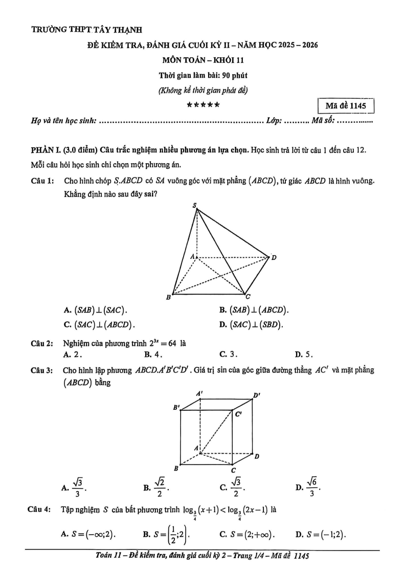 Đề thi Học kì 2 Toán 11 trường THPT Tây Thạnh (Tp.HCM) năm 2025-2026