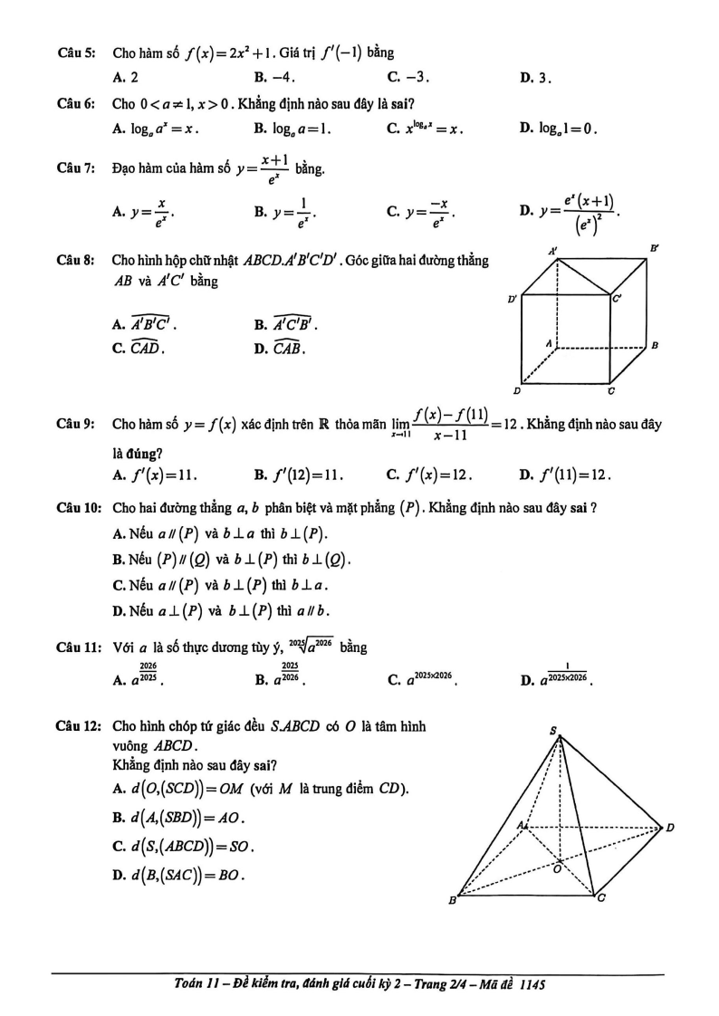 Đề thi Học kì 2 Toán 11 trường THPT Tây Thạnh (Tp.HCM) năm 2025-2026
