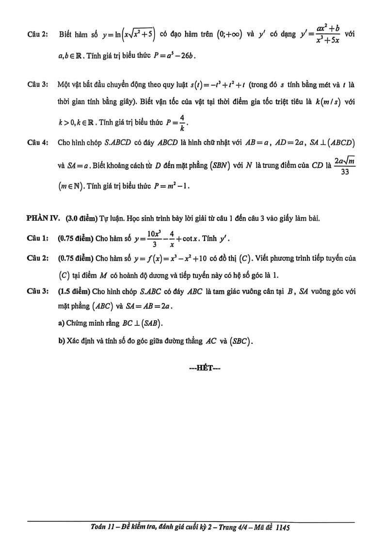 Đề thi Học kì 2 Toán 11 trường THPT Tây Thạnh (Tp.HCM) năm 2025-2026