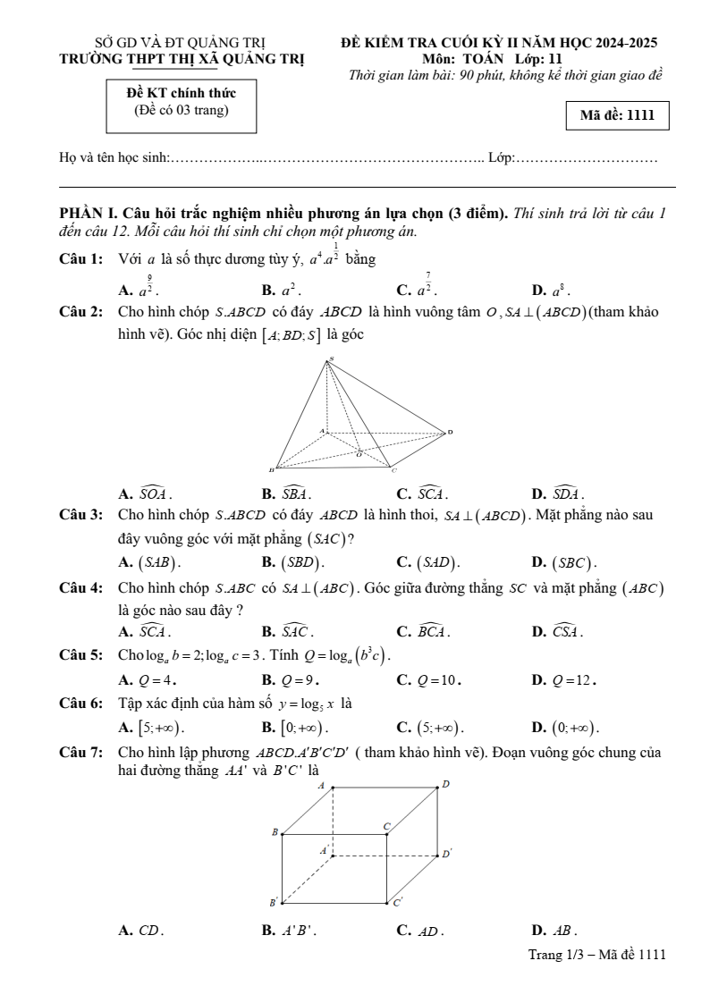 Đề thi Học kì 2 Toán 11 trường THPT Thị xã Quảng Trị năm 2024-2025
