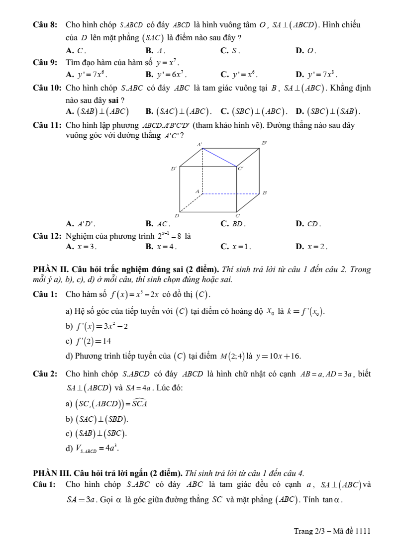 Đề thi Học kì 2 Toán 11 trường THPT Thị xã Quảng Trị năm 2024-2025