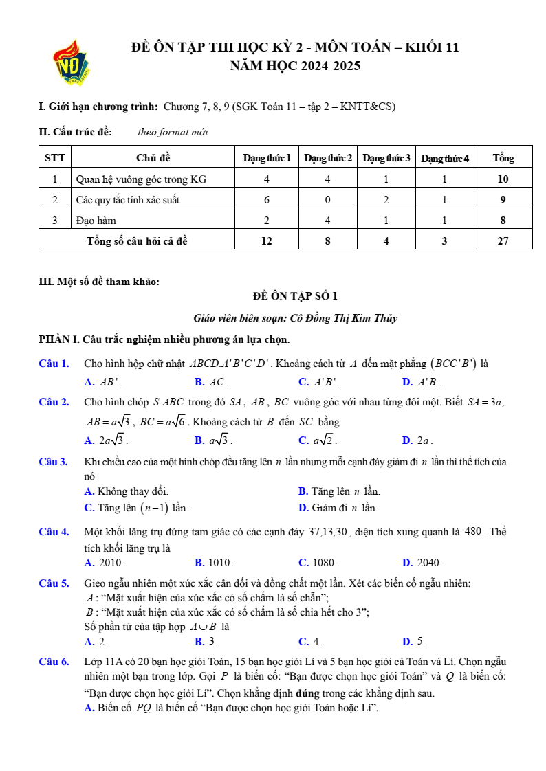 Đề thi Học kì 2 Toán 11 trường THPT Việt Đức (Hà Nội) năm 2024-2025