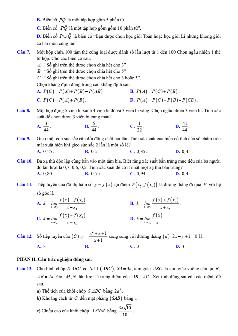 Đề thi Học kì 2 Toán 11 trường THPT Việt Đức (Hà Nội) năm 2024-2025