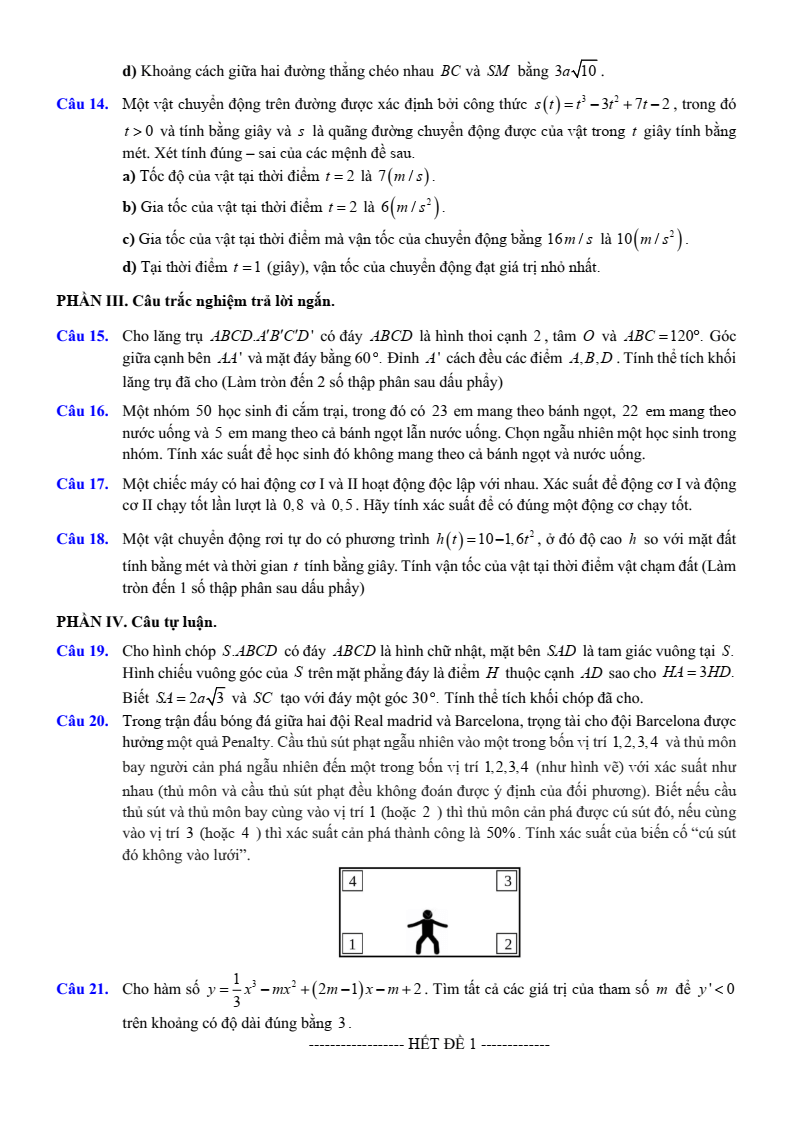Đề thi Học kì 2 Toán 11 trường THPT Việt Đức (Hà Nội) năm 2024-2025