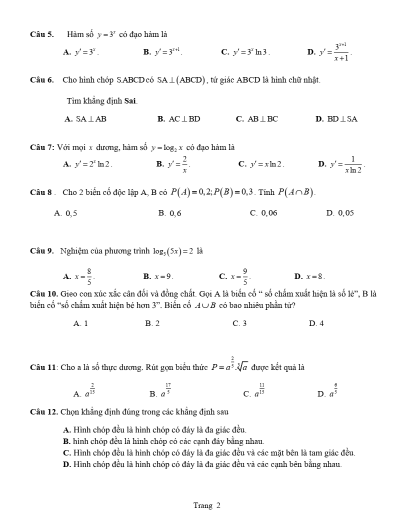 Đề thi Học kì 2 Toán 11 trường THPT Xuyên Mộc (Bà Rịa - Vũng Tàu) năm 2024-2025