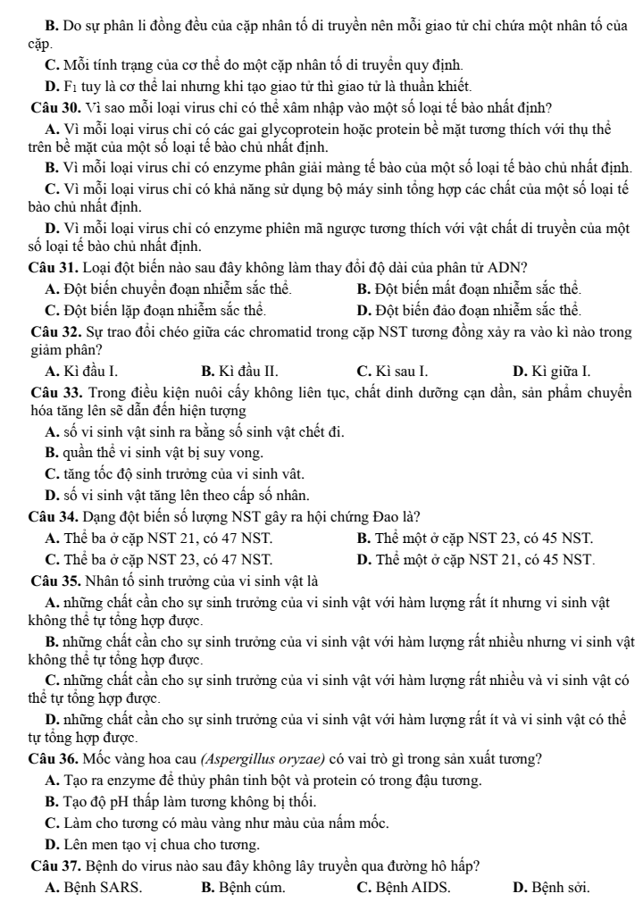 Đề khảo sát đầu năm Sinh học 11 năm 2023-2024 trường THPT Thuận Thành Số 1 (Bắc Ninh)