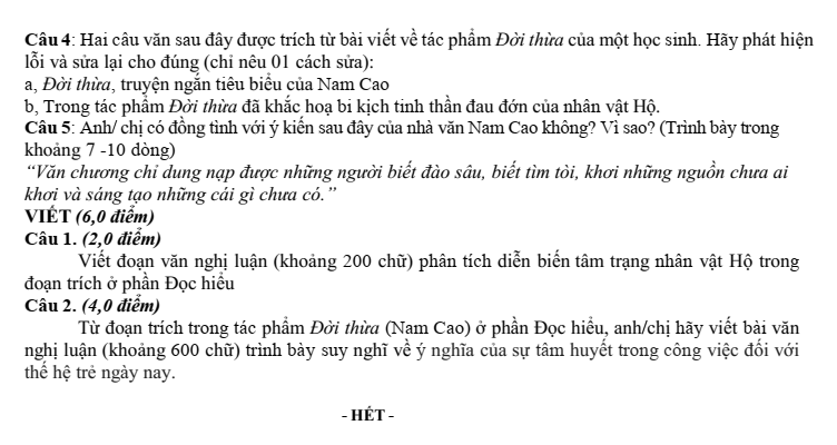 Đề minh họa Giữa kì 2 Văn 11 năm 2025-2026 trường THPT Yên Hòa (Hà Nội - Đề 1)