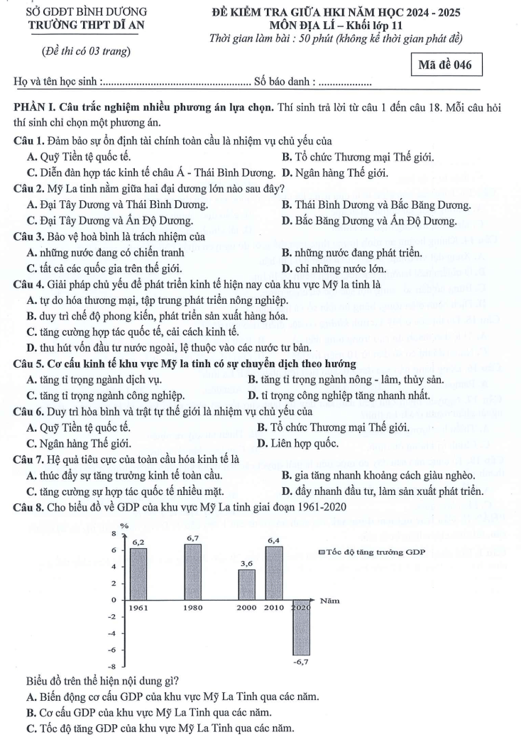 Đề thi Giữa kì 1 Địa Lí 11 năm 2024-2025 trường THPT Dĩ An (Bình Dương)
