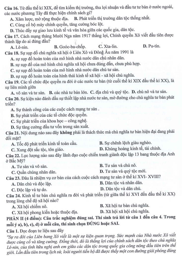 Đề thi Giữa kì 1 Lịch Sử 11 năm 2024-2025 trường THPT Dĩ An (Bình Dương)