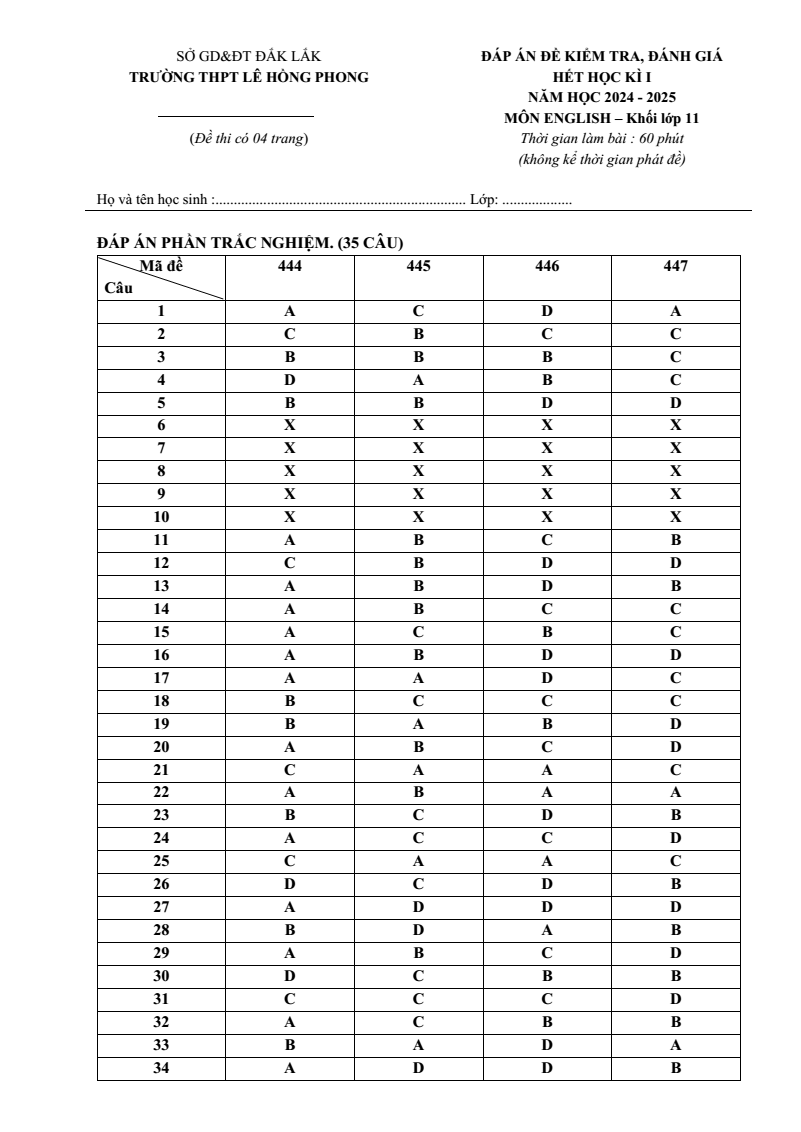 Đề thi Giữa kì 1 Tiếng Anh 11 năm 2024-2025 trường THPT Lê Hồng Phong (Đắk Lắk)