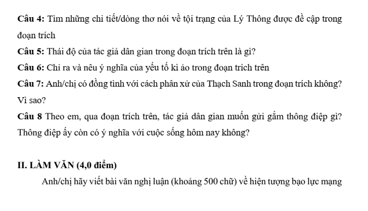 Đề thi Giữa kì 1 Văn 11 năm 2023-2024 trường THPT Lương Văn Cù (An Giang)