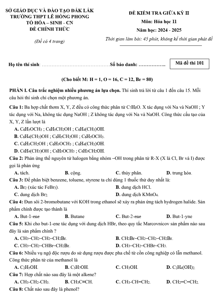 Đề thi Giữa kì 2 Hóa học 11 năm 2024-2025 trường THPT Lê Hồng Phong (Đắk Lắk)