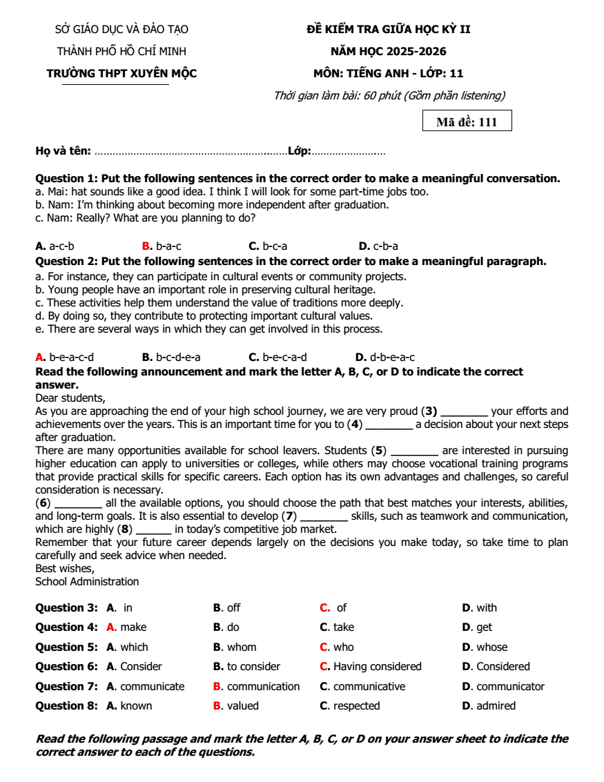 Đề thi Giữa kì 2 Tiếng Anh 11 năm 2025-2026 trường THPT Xuyên Mộc (Tp.HCM)
