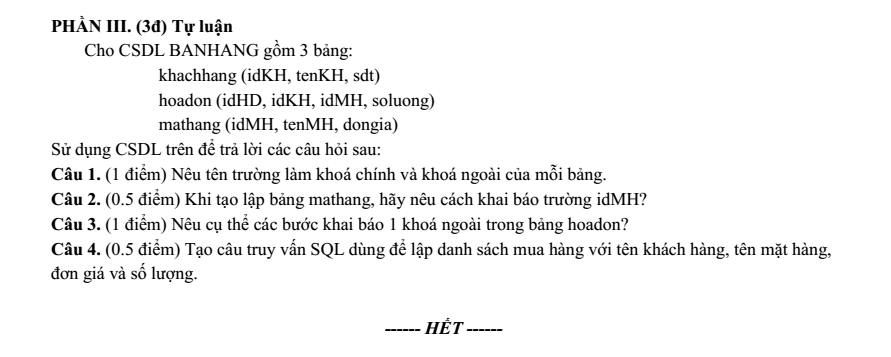 Đề thi Giữa kì 2 Tin học 11 năm 2024-2025 trường THPT Hồ Nghinh (Quảng Nam)