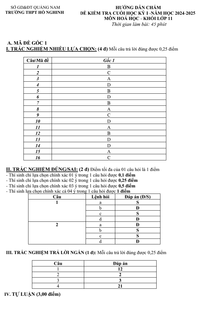 Đề thi Học kì 1 Hóa học 11 năm 2024-2025 trường THPT Hồ Nghinh (Quảng Nam)