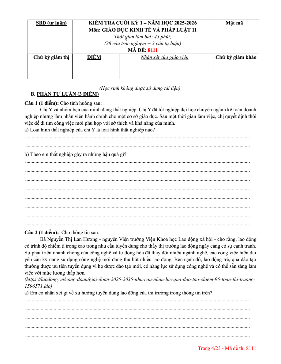 Đề thi Học kì 1 KTPL 11 năm 2025-2026 trường THPT Lương Thế Vinh (Tp.HCM)
