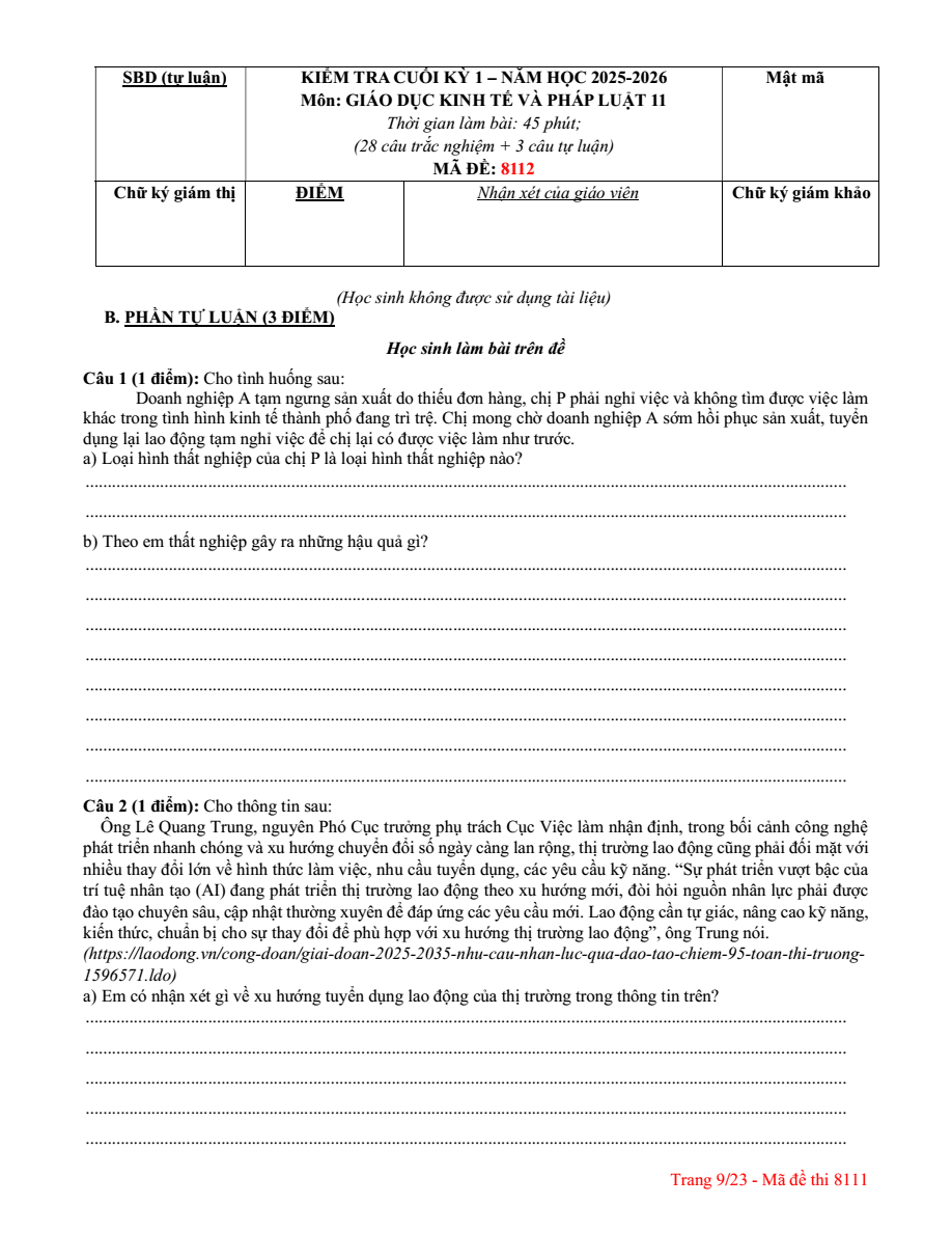 Đề thi Học kì 1 KTPL 11 năm 2025-2026 trường THPT Lương Thế Vinh (Tp.HCM)
