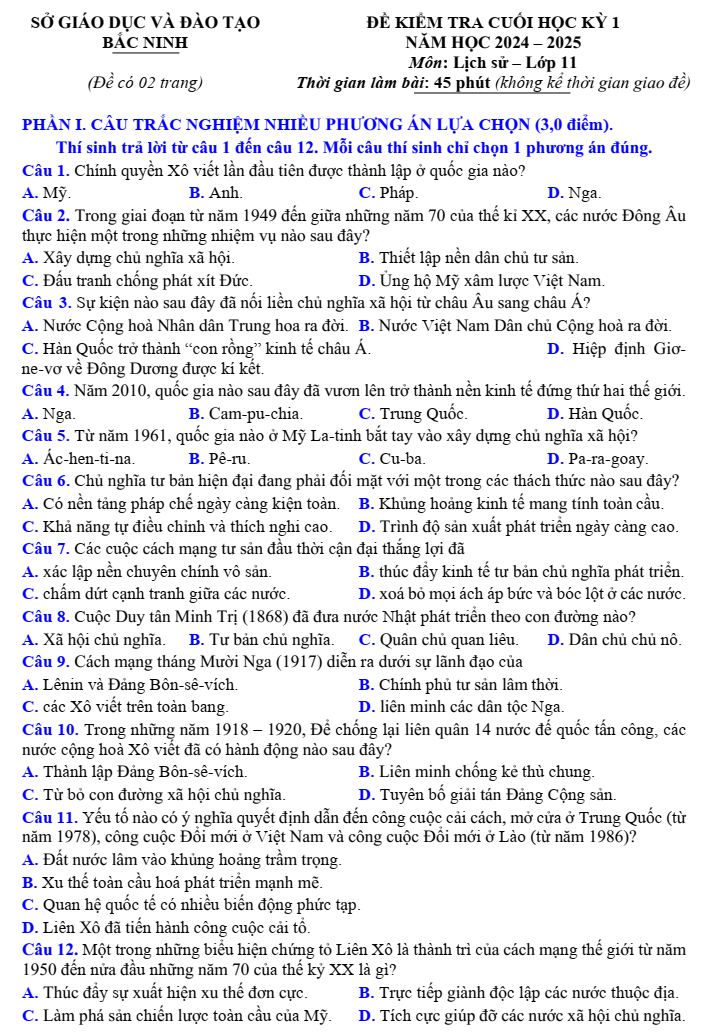 Đề thi Học kì 1 Lịch Sử 11 năm 2024-2025 Sở Bắc Ninh