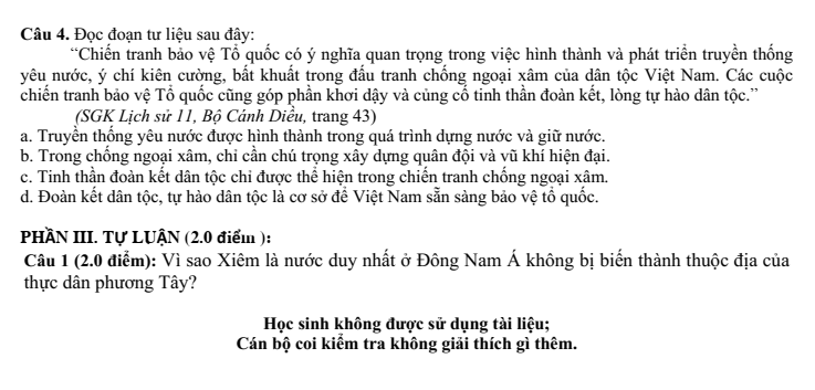 Đề thi Học kì 1 Lịch Sử 11 năm 2024-2025 trường THPT Kẻ Sặt (Hải Dương)