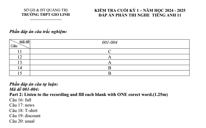 Đề thi Học kì 1 Tiếng Anh 11 năm 2024-2025 trường THPT Gio Linh (Quảng Trị)