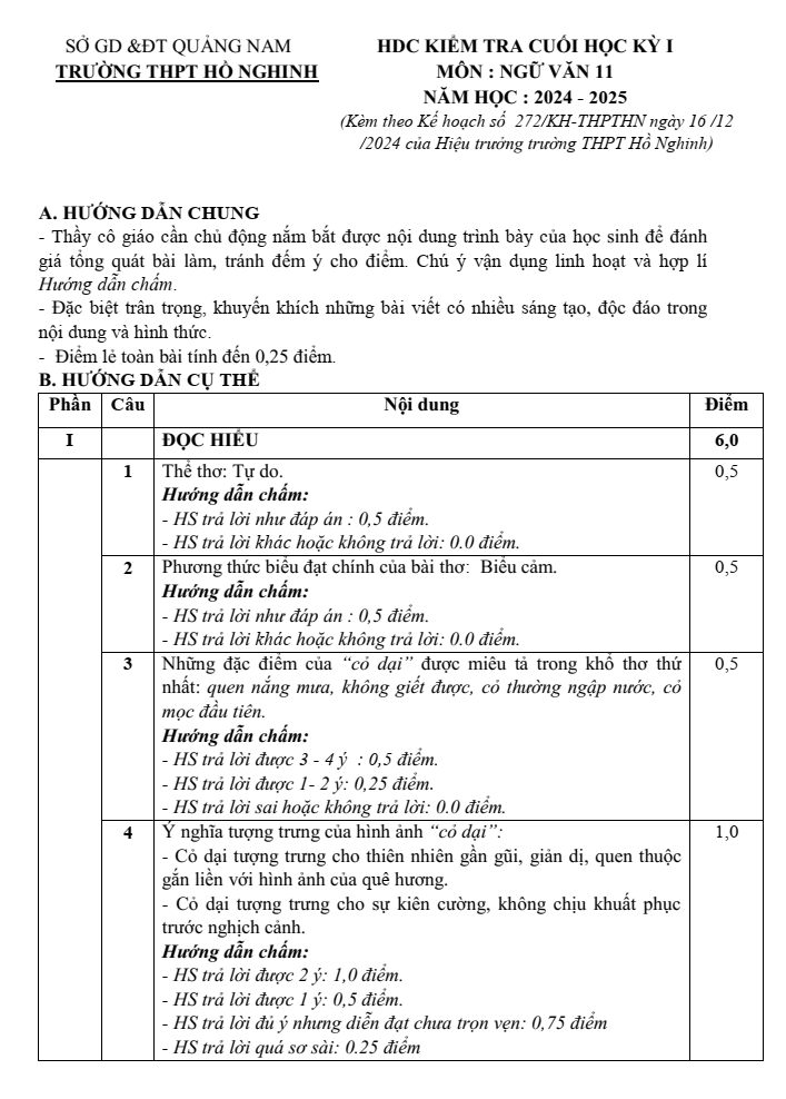 Đề thi Học kì 1 Văn 11 năm 2024-2025 trường THPT Hồ Nghinh (Quảng Nam)