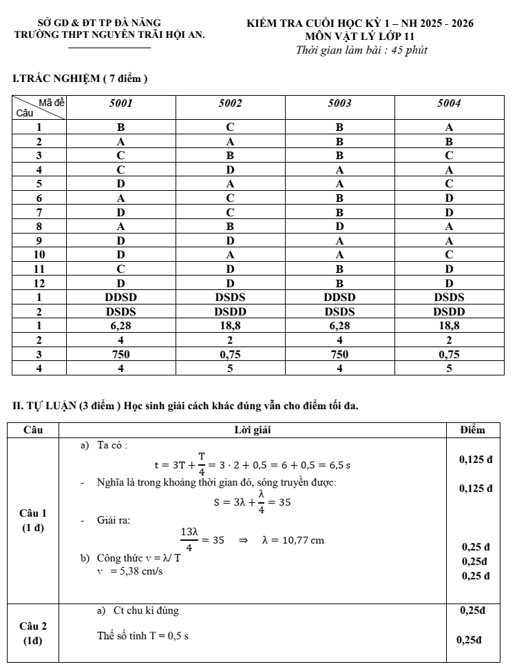 Đề thi Học kì 1 Vật lí 11 năm 2025-2026 trường THPT Nguyễn Trãi (Đà Nẵng)