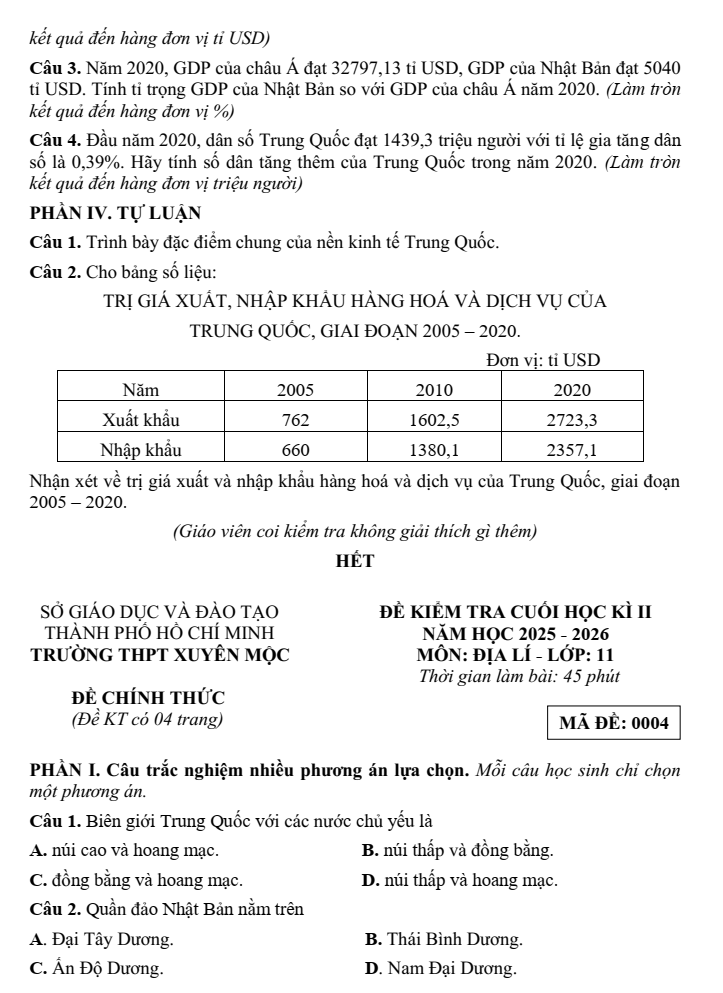 Đề thi Học kì 2 Địa Lí 11 năm 2025-2026 trường THPT Xuyên Mộc (Tp.HCM)
