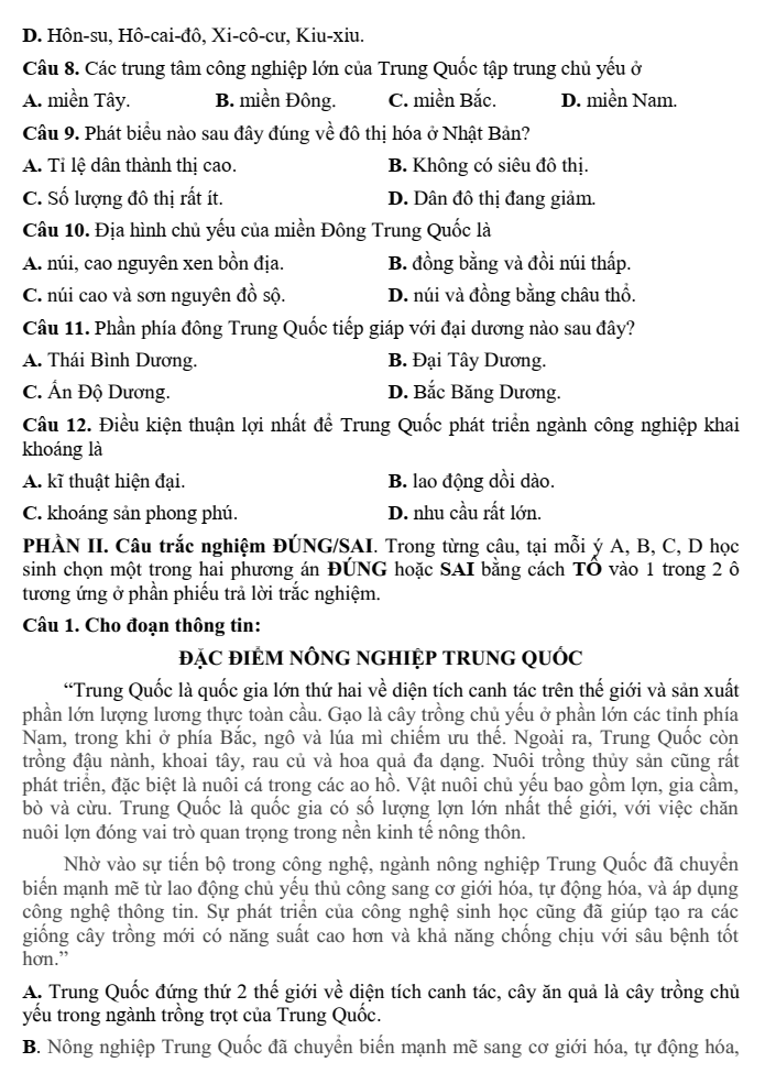 Đề thi Học kì 2 Địa Lí 11 năm 2025-2026 trường THPT Xuyên Mộc (Tp.HCM)