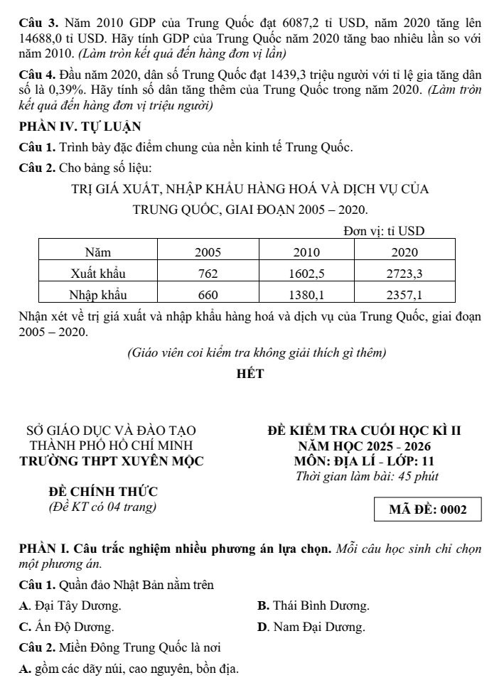 Đề thi Học kì 2 Địa Lí 11 năm 2025-2026 trường THPT Xuyên Mộc (Tp.HCM)