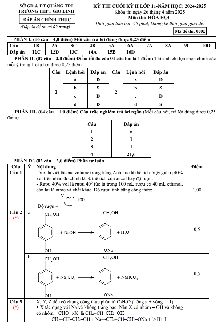 Đề thi Học kì 2 Hóa học 11 năm 2024-2025 trường THPT Gio Linh (Quảng Trị)