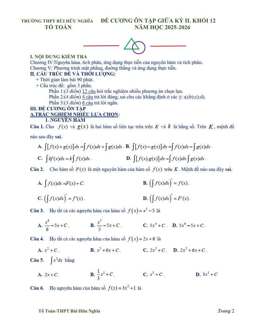 Đề cương ôn tập Giữa kì 2 Toán 12 trường THPT Bùi Hữu Nghĩa (Cần Thơ) năm 2025-2026