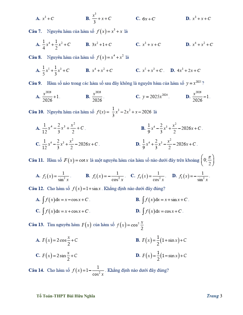 Đề cương ôn tập Giữa kì 2 Toán 12 trường THPT Bùi Hữu Nghĩa (Cần Thơ) năm 2025-2026