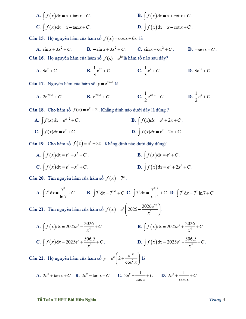 Đề cương ôn tập Giữa kì 2 Toán 12 trường THPT Bùi Hữu Nghĩa (Cần Thơ) năm 2025-2026