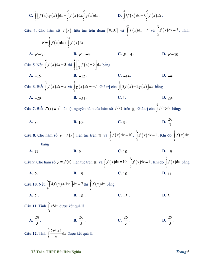 Đề cương ôn tập Giữa kì 2 Toán 12 trường THPT Bùi Hữu Nghĩa (Cần Thơ) năm 2025-2026