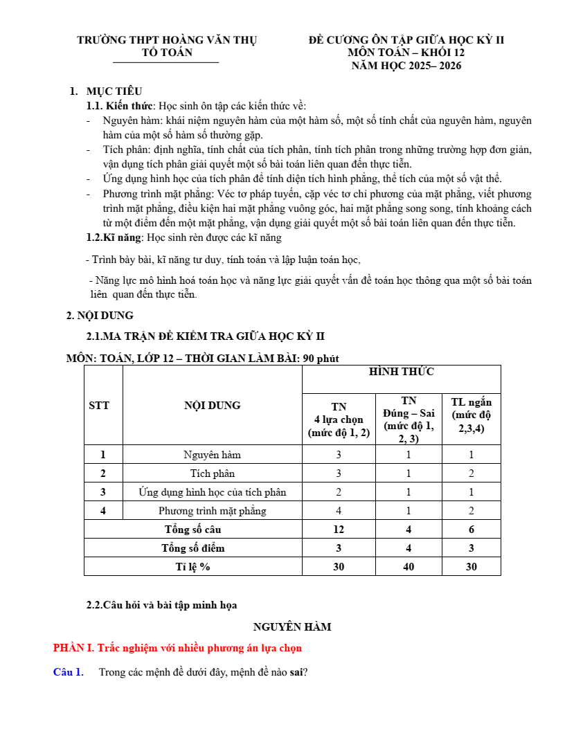Đề cương ôn tập Giữa kì 2 Toán 12 trường THPT Hoàng Văn Thụ (Hà Nội) năm 2025-2026