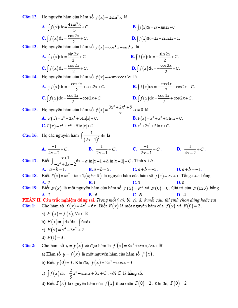 Đề cương ôn tập Giữa kì 2 Toán 12 trường THPT Hoàng Văn Thụ (Hà Nội) năm 2025-2026
