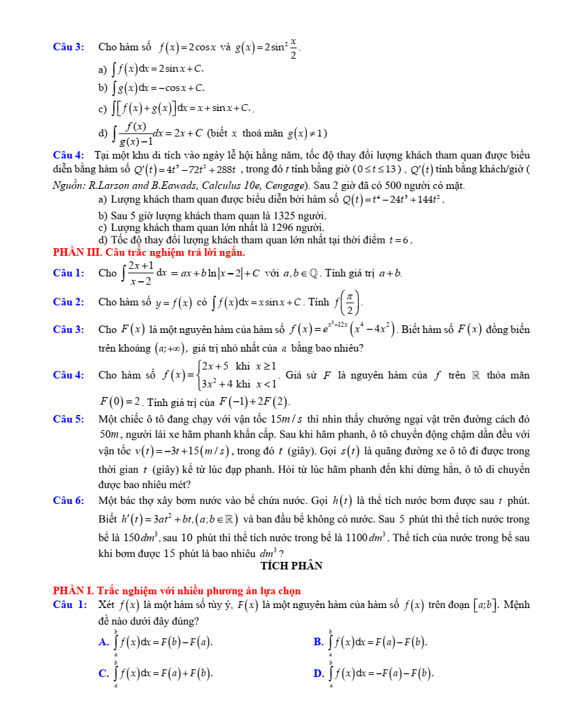 Đề cương ôn tập Giữa kì 2 Toán 12 trường THPT Hoàng Văn Thụ (Hà Nội) năm 2025-2026