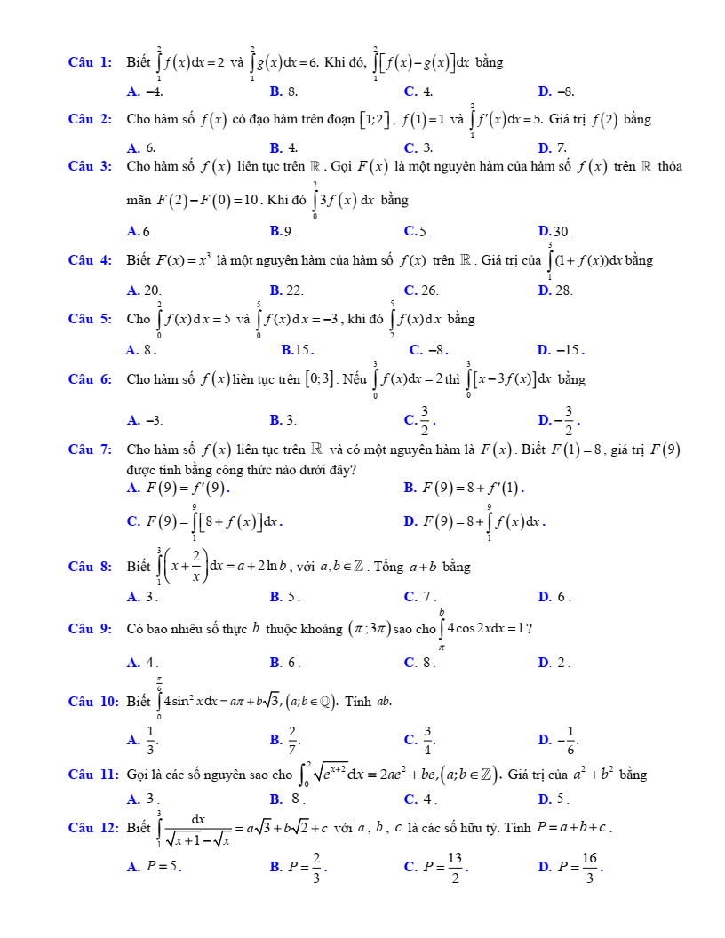 Đề cương ôn tập Giữa kì 2 Toán 12 trường THPT Hoàng Văn Thụ (Hà Nội) năm 2025-2026