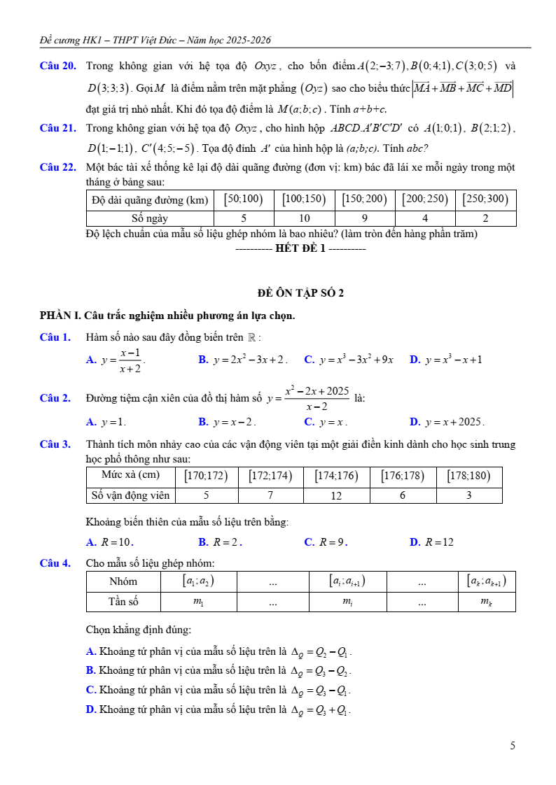 Đề cương ôn tập Học kì 1 Toán 12 trường THPT Việt Đức năm 2025-2026