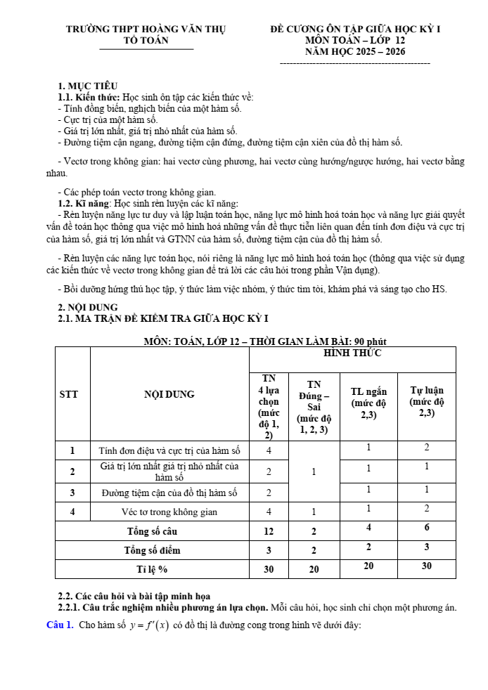 Đề cương ôn tập Giữa kì 1 Toán 12 trường THPT Hoàng Văn Thụ năm 2025-2026