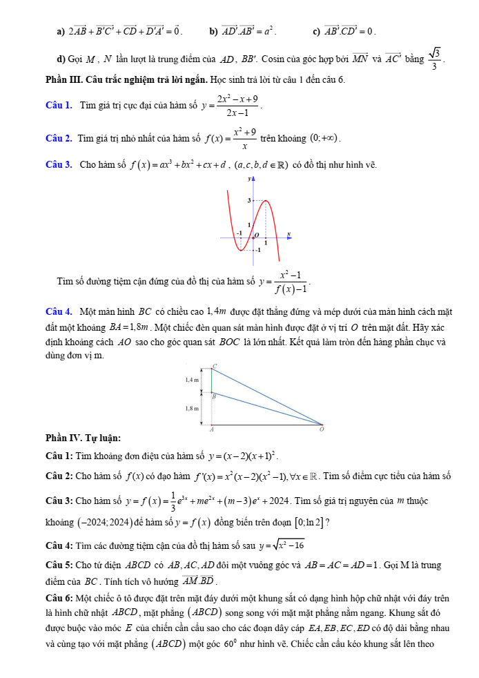 Đề cương ôn tập Giữa kì 1 Toán 12 trường THPT Hoàng Văn Thụ năm 2025-2026