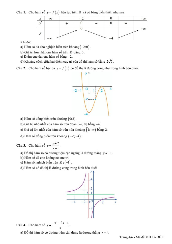 Đề cương ôn tập Giữa kì 1 Toán 12 trường THPT Hướng Hóa năm 2025-2026